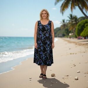 In Every Story by Penningtons, Plus Size Floral Swing Dress, 2X, Black, Blue